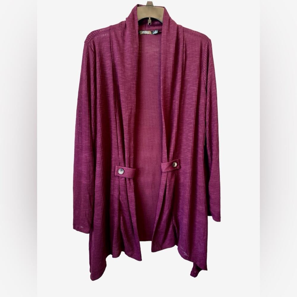 CURE. Burgundy Asymmetrical Open Front Long Cardigan Knit Sweater Women’s XL
